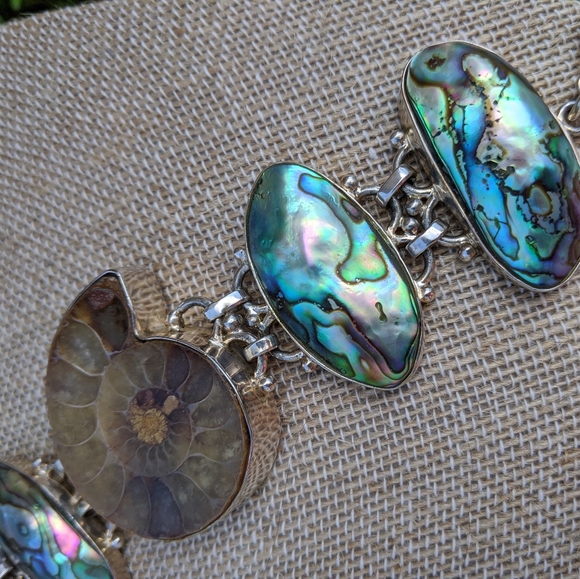 Jewelry - Gorgeous Fossil Ammonite Abalone Sterling Bracelet